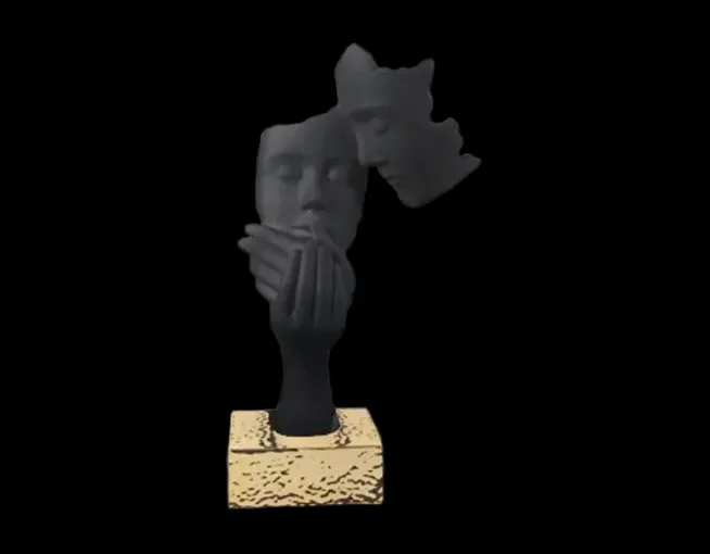 Scultura Face Coppia Nera H28 Base Oro in Polvere di Marmo Bongelli